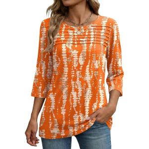 image:imageZeagoo Womens Tops 34 Length Sleeve Blouses Dressy Casual Shirt Pleated Front Tunic Floral Printed Spring ClothesPrinted Orange 466