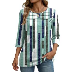 image:imageZeagoo Womens Tops 34 Length Sleeve Blouses Dressy Casual Shirt Pleated Front Tunic Floral Printed Spring ClothesStripes Green 530