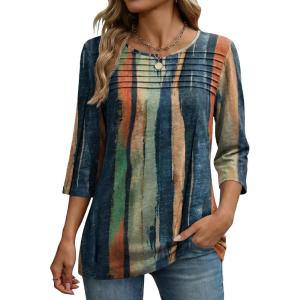 image:imageZeagoo Womens Tops 34 Length Sleeve Blouses Dressy Casual Shirt Pleated Front Tunic Floral Printed Spring ClothesStripes Multicolor 289
