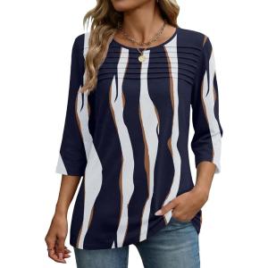 image:imageZeagoo Womens Tops 34 Length Sleeve Blouses Dressy Casual Shirt Pleated Front Tunic Floral Printed Spring ClothesStripes Navy White 327