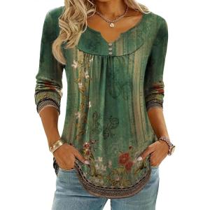 image:imageZeagoo Womens Tops Long Sleeve Shirts Boho Tops for Women 2026 Fall Blouses Ladies Sweatshirts Spring Fashion ClothingA01green Print