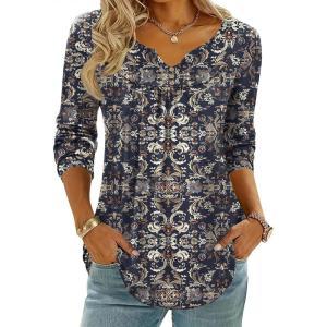 image:imageZeagoo Womens Tops Long Sleeve Shirts Boho Tops for Women 2026 Fall Blouses Ladies Sweatshirts Spring Fashion ClothingBlue Ethnic Style