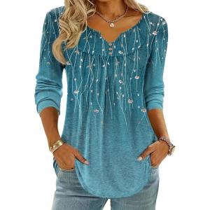 image:imageZeagoo Womens Tops Long Sleeve Shirts Boho Tops for Women 2026 Fall Blouses Ladies Sweatshirts Spring Fashion ClothingBlue Green Leaf