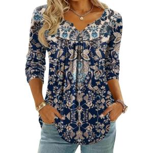 image:imageZeagoo Womens Tops Long Sleeve Shirts Boho Tops for Women 2026 Fall Blouses Ladies Sweatshirts Spring Fashion ClothingNavy Blue Ethnic