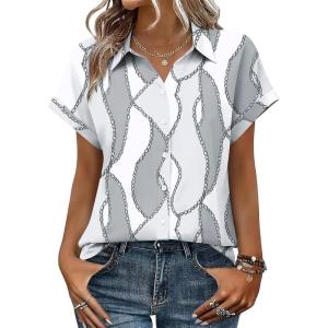 image:imageZeagoo Womens Tops Short Sleeve Shirts Button Down Casual Blouses V Neck Outfits Summer Spring Clothes 2026Chain Gray White