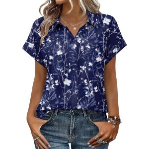 image:imageZeagoo Womens Tops Short Sleeve Shirts Button Down Casual Blouses V Neck Outfits Summer Spring Clothes 2026Floral Navy