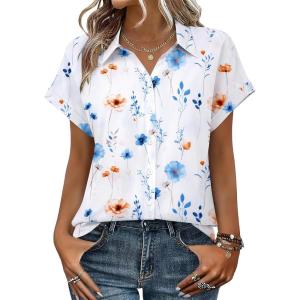 image:imageZeagoo Womens Tops Short Sleeve Shirts Button Down Casual Blouses V Neck Outfits Summer Spring Clothes 2026Floral White