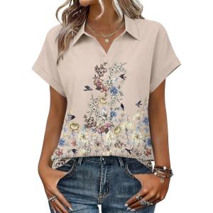image:imageZeagoo Womens Tops Short Sleeve Shirts Button Down Casual Blouses V Neck Outfits Summer Spring Clothes 2026Flower Beige