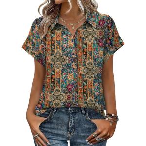 image:imageZeagoo Womens Tops Short Sleeve Shirts Button Down Casual Blouses V Neck Outfits Summer Spring Clothes 2026Multicolor721
