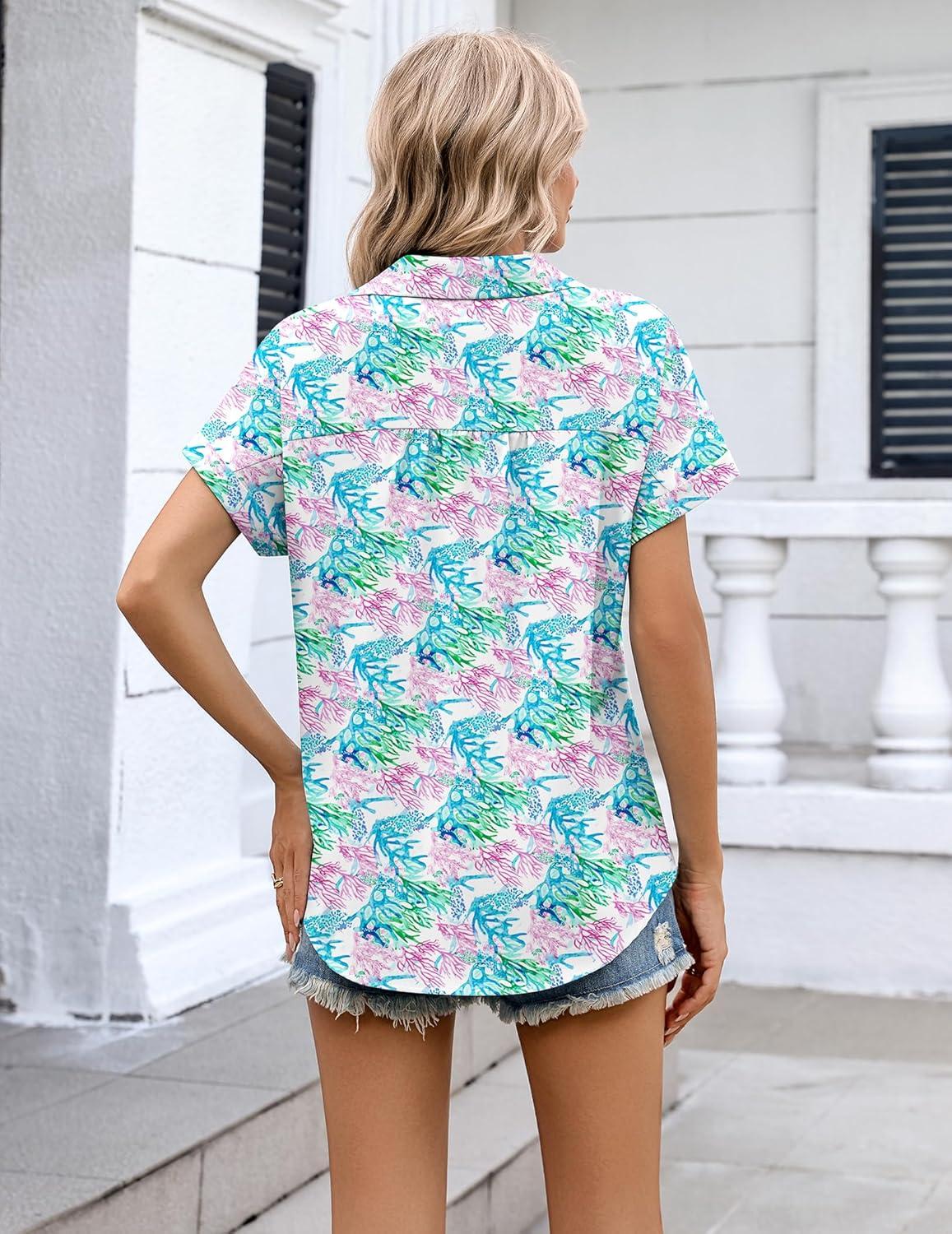 image:imageZeagoo Womens Button Down Shirt Short Sleeve Blouse V Neck Dressy Casual Business Work Tops with Pocket SXXLColorful Coral