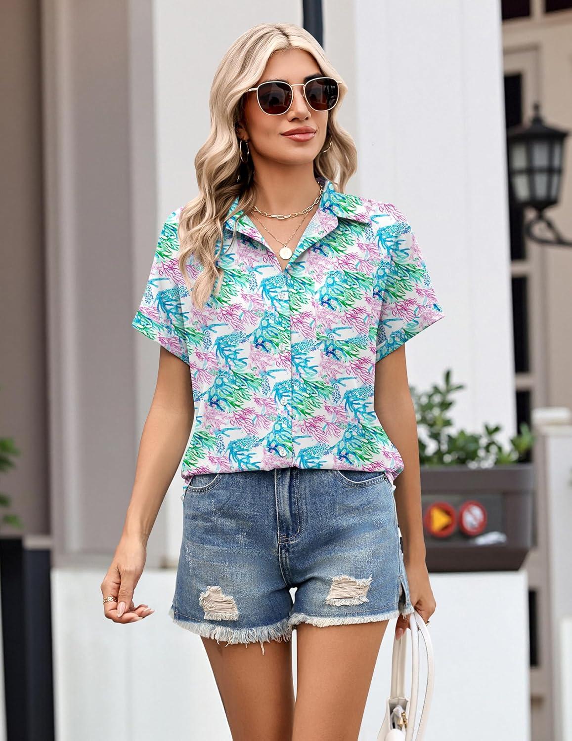 image:imageZeagoo Womens Button Down Shirt Short Sleeve Blouse V Neck Dressy Casual Business Work Tops with Pocket SXXLColorful Coral