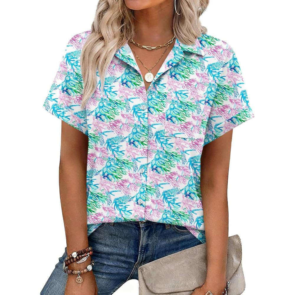 image:imageZeagoo Womens Button Down Shirt Short Sleeve Blouse V Neck Dressy Casual Business Work Tops with Pocket SXXLColorful Coral