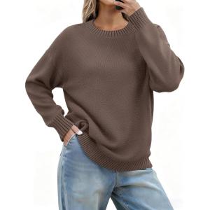 image:imageZeagoo Fall Sweaters for Women 2026 Long Sleeve Crewneck Ribbed Knit Pullover Sweater Loose Fit Basic Jumper TopsA Brown