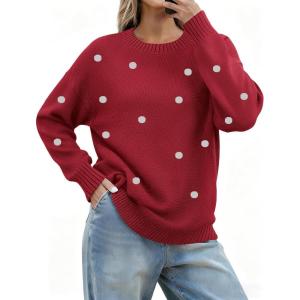image:imageZeagoo Fall Sweaters for Women 2026 Long Sleeve Crewneck Ribbed Knit Pullover Sweater Loose Fit Basic Jumper TopsA Polka Dotred