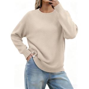 image:imageZeagoo Fall Sweaters for Women 2026 Long Sleeve Crewneck Ribbed Knit Pullover Sweater Loose Fit Basic Jumper TopsA Warm Apricot