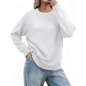 image:imageZeagoo Fall Sweaters for Women 2026 Long Sleeve Crewneck Ribbed Knit Pullover Sweater Loose Fit Basic Jumper TopsA White