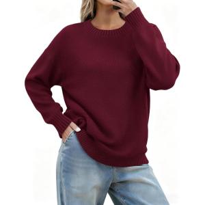 image:imageZeagoo Fall Sweaters for Women 2026 Long Sleeve Crewneck Ribbed Knit Pullover Sweater Loose Fit Basic Jumper TopsA Wine Red