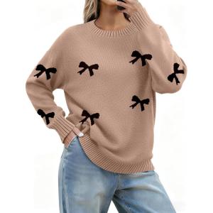 image:imageZeagoo Fall Sweaters for Women 2026 Long Sleeve Crewneck Ribbed Knit Pullover Sweater Loose Fit Basic Jumper TopsAa Bow625