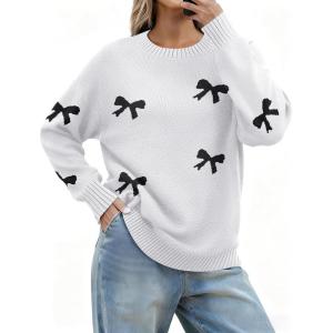image:imageZeagoo Fall Sweaters for Women 2026 Long Sleeve Crewneck Ribbed Knit Pullover Sweater Loose Fit Basic Jumper TopsBow612