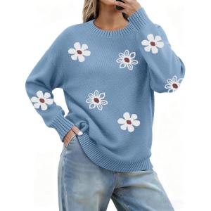 image:imageZeagoo Fall Sweaters for Women 2026 Long Sleeve Crewneck Ribbed Knit Pullover Sweater Loose Fit Basic Jumper TopsFlower193