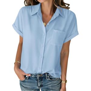 image:imageZeagoo Womens Button Down Shirt Short Sleeve Blouse V Neck Dressy Casual Business Work Tops with Pocket SXXLBlue