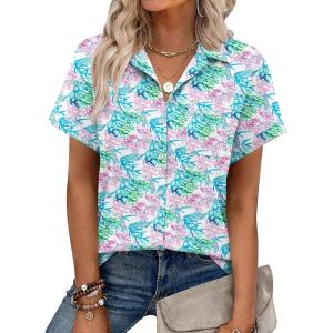 image:imageZeagoo Womens Button Down Shirt Short Sleeve Blouse V Neck Dressy Casual Business Work Tops with Pocket SXXLColorful Coral