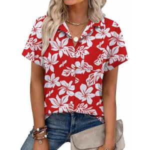 image:imageZeagoo Womens Button Down Shirt Short Sleeve Blouse V Neck Dressy Casual Business Work Tops with Pocket SXXLFloral Red