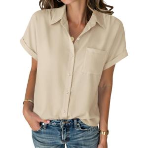 image:imageZeagoo Womens Button Down Shirt Short Sleeve Blouse V Neck Dressy Casual Business Work Tops with Pocket SXXLKhaki