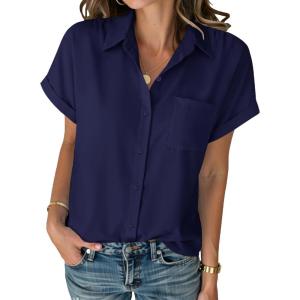 image:imageZeagoo Womens Button Down Shirt Short Sleeve Blouse V Neck Dressy Casual Business Work Tops with Pocket SXXLNavy Blue
