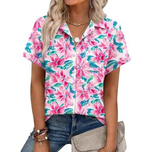 image:imageZeagoo Womens Button Down Shirt Short Sleeve Blouse V Neck Dressy Casual Business Work Tops with Pocket SXXLPink Floral