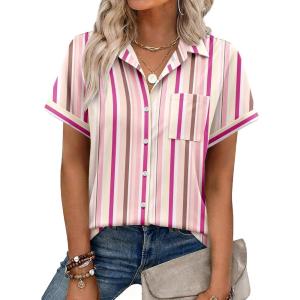 image:imageZeagoo Womens Button Down Shirt Short Sleeve Blouse V Neck Dressy Casual Business Work Tops with Pocket SXXLPink Stripes