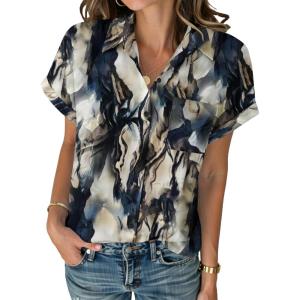 image:imageZeagoo Womens Button Down Shirt Short Sleeve Blouse V Neck Dressy Casual Business Work Tops with Pocket SXXLTie Dye