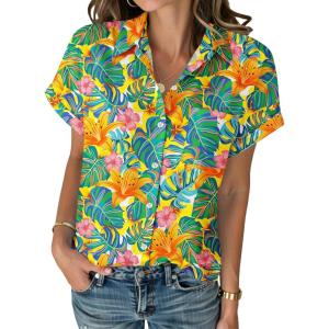 image:imageZeagoo Womens Button Down Shirt Short Sleeve Blouse V Neck Dressy Casual Business Work Tops with Pocket SXXLVibrant Tropical Plants