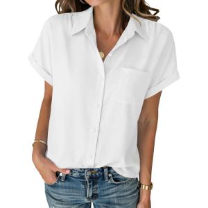 image:imageZeagoo Womens Button Down Shirt Short Sleeve Blouse V Neck Dressy Casual Business Work Tops with Pocket SXXLWhite