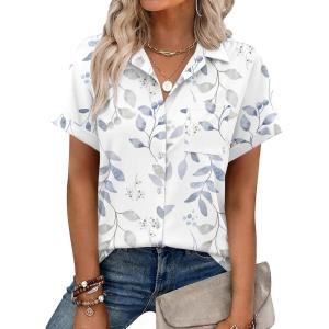 image:imageZeagoo Womens Button Down Shirt Short Sleeve Blouse V Neck Dressy Casual Business Work Tops with Pocket SXXLWhite Leaves