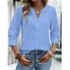 image:imageZeagoo Button Down Shirts for Women 34 Sleeve Linen Cotton V Neck Tops Dressy Casual Loose Work BlousesBlue