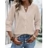 image:imageZeagoo Button Down Shirts for Women 34 Sleeve Linen Cotton V Neck Tops Dressy Casual Loose Work BlousesKhaki