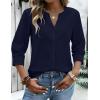 image:imageZeagoo Button Down Shirts for Women 34 Sleeve Linen Cotton V Neck Tops Dressy Casual Loose Work BlousesNany Blue