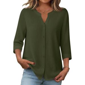 image:imageZeagoo Button Down Shirts for Women 34 Sleeve Linen Cotton V Neck Tops Dressy Casual Loose Work BlousesArmy Green