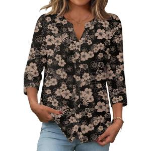 image:imageZeagoo Button Down Shirts for Women 34 Sleeve Linen Cotton V Neck Tops Dressy Casual Loose Work BlousesBlack Hawaiiansf209