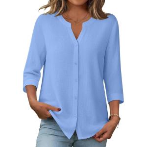 image:imageZeagoo Button Down Shirts for Women 34 Sleeve Linen Cotton V Neck Tops Dressy Casual Loose Work BlousesBlue