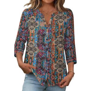 image:imageZeagoo Button Down Shirts for Women 34 Sleeve Linen Cotton V Neck Tops Dressy Casual Loose Work BlousesBohomz721