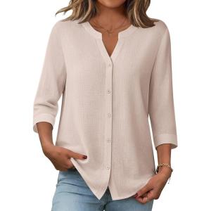 image:imageZeagoo Button Down Shirts for Women 34 Sleeve Linen Cotton V Neck Tops Dressy Casual Loose Work BlousesKhaki