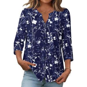 image:imageZeagoo Button Down Shirts for Women 34 Sleeve Linen Cotton V Neck Tops Dressy Casual Loose Work BlousesNany Flowersf180