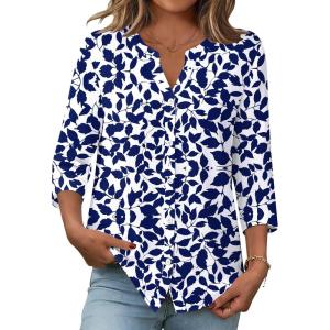 image:imageZeagoo Button Down Shirts for Women 34 Sleeve Linen Cotton V Neck Tops Dressy Casual Loose Work BlousesNany Leafzw522