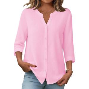 image:imageZeagoo Button Down Shirts for Women 34 Sleeve Linen Cotton V Neck Tops Dressy Casual Loose Work BlousesPink