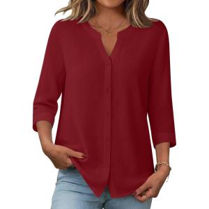 image:imageZeagoo Button Down Shirts for Women 34 Sleeve Linen Cotton V Neck Tops Dressy Casual Loose Work BlousesRed
