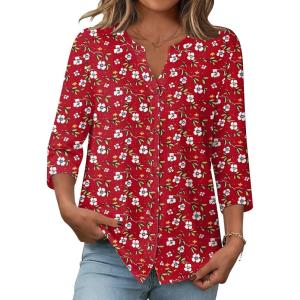 image:imageZeagoo Button Down Shirts for Women 34 Sleeve Linen Cotton V Neck Tops Dressy Casual Loose Work BlousesRed Flowerxh235