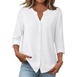 image:imageZeagoo Button Down Shirts for Women 34 Sleeve Linen Cotton V Neck Tops Dressy Casual Loose Work BlousesWhite