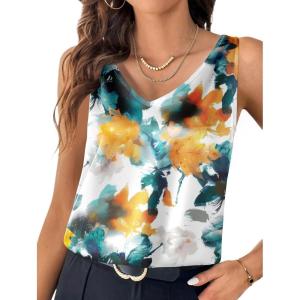 image:imageZeagoo Women 2026 Silk Satin Tank Top Casual V Neck Camisole Blouses Loose Sleeveless Cami Basic Tank ShirtZtie Dye Flower